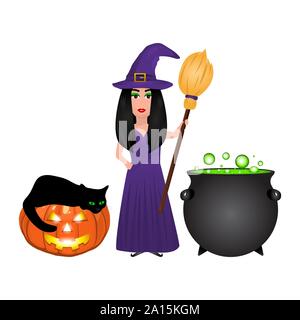 Halloween witch with potion potion and pumpkin lantern on a white Stock Vector