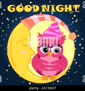A sweet cartoon pink owl in a sleeping cap relaxes sitting on a sleeping sickle of the moon among a dark night sky and stars Stock Vector