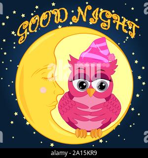 A sweet cartoon pink owl in a sleeping cap relaxes sitting on a sleeping sickle of the moon among a dark night sky and stars Stock Vector