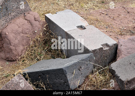 Ruins of Pumapunku or Puma Punku part of a large temple complex or monument group that is part of the Tiwanaku Site near Tiwanaku, Bolivia Stock Photo