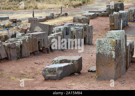Ruins of Pumapunku or Puma Punku part of a large temple complex or monument group that is part of the Tiwanaku Site near Tiwanaku Bolivia Stock Photo