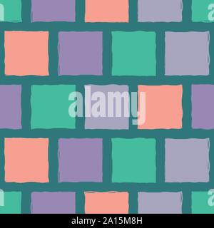 Vibrant mosaic style hand painted coral, purple and green tiles. Seamless geometric vector pattern on teal background. Organic, modern style. Great Stock Vector