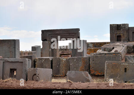 Ruins of Pumapunku or Puma Punku part of a large temple complex or monument group that is part of the Tiwanaku Site near Tiwanaku Bolivia Stock Photo