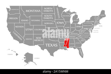 Mississippi red highlighted in map of the United States of America Stock Photo