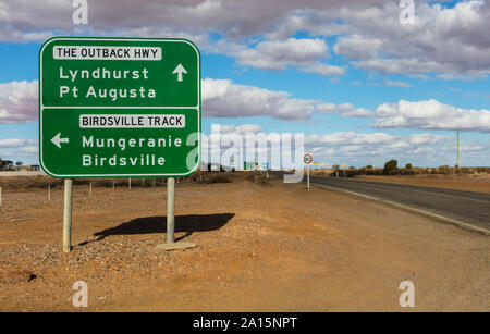 Leaving the town of Marree you have two main choices, the Birdsville Track to Birdsville, or the Outback Highway toward Port Augusta South Australia. Stock Photo
