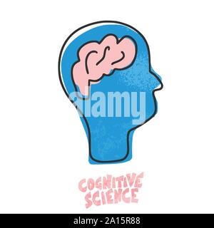 Cognitive science concept. Human head and brain with text. Vector illustration Stock Vector