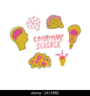 Cognitive science concept. Human brain signs. Set of vector elements in doodle style and stylized lettering. Stock Vector