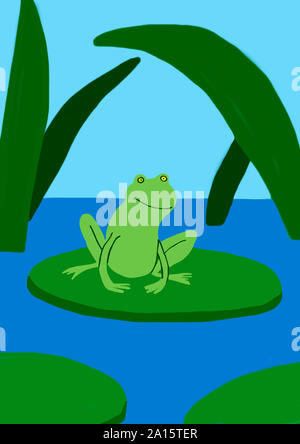 Child's drawing of frog on lily pad on the water Stock Photo