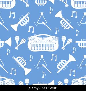 Vector seamless pattern with children's musical toys. Illustration with musical instruments. Maracas, synthesizer, trumpet, triangle and notes. Toys f Stock Vector
