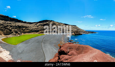 Panoramic view of the Charco de los Clicos or Lago Verde and El Golfo beach, Lanzarote, Canary Islands, Spain Stock Photo
