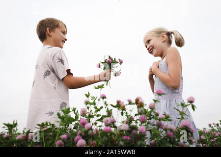 Boy giving a clover flowers to smiling girl Stock Photo