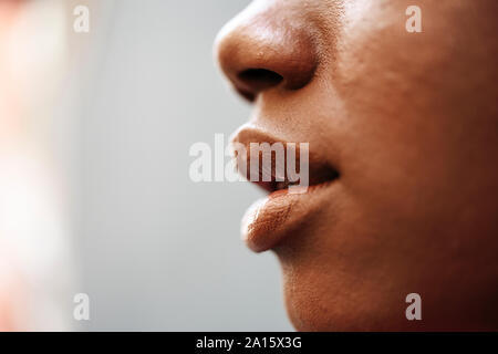 Nose, lips and cheek of young woman, close-up Stock Photo