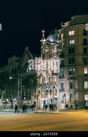 Lighted Casa Batllo at night, Barcelona, Spain Stock Photo