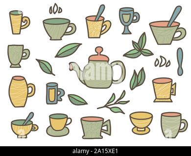 Tea stuff set in doddle style. Mugs and kettele. Hot beverage stuff. Vector illustration. Stock Vector