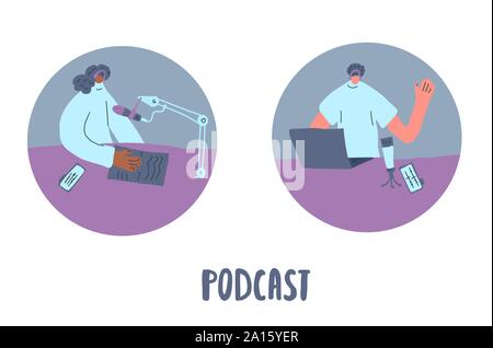 Two podcasters. Interview concept. Young man interviewing a guest in a studio for a podcast. Vector flat illustration. Stock Vector