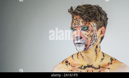Portrait of a guy painted like a tiger on a gray background. face coloring Stock Photo