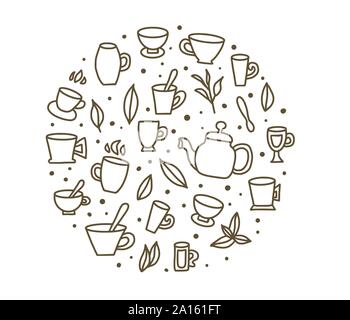 Tea round badge set. Cups and kettele. Hot beverage stuff. Vector illustration. Stock Vector