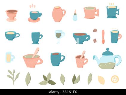 Tea set. Cups and kettele. Hot beverage stuff. Vector illustration. Stock Vector