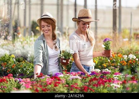 Two beautiful smiling women choosing flowers in the greenhouse Stock Photo