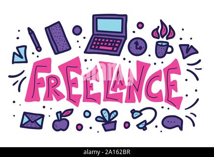 Freelance word in flat style. Hand drawn lettering with job design elements isolated. Work at home concept with text and decoration. Vector stylized t Stock Vector