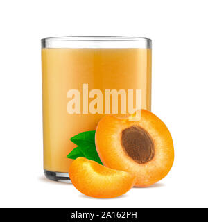 Orange apricots with leaf and apricot juice isolated on a white background Stock Photo