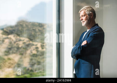 Senior businessman standing at panorama window looking out Stock Photo