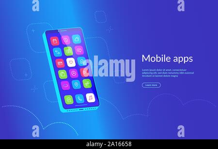 Isometric smartphone with various applications on the screen. Mobile apps icons for social media, messages and calls, maps, weather and smart home. Gr Stock Vector