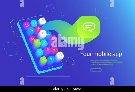 Isometric smartphone with application flying out the screen for product presentation. Mobile messenger icon for social media, messages and chat. Gradi Stock Vector