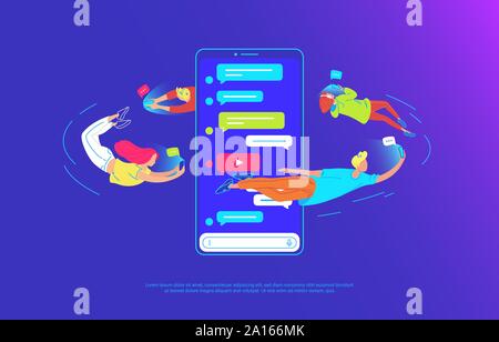 Young people are flying around of big smartphone and using their own smart phones for texting, sharing video and chatting to friends. Gradient concept Stock Vector