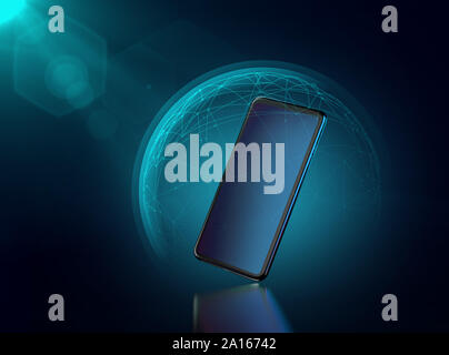 Smartphone surrounded by nodes and protective field. Sensitive data security concept. 3D rendering Stock Photo