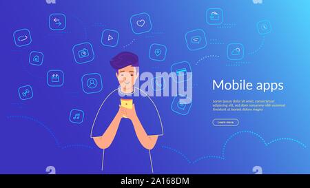 Young man using smartphone for chatting, social media networks, banking and smart mobile apps. Gradient line vector illustration of user interface, us Stock Vector