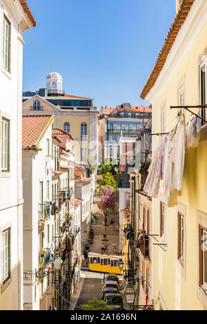 Portugal, Lisbon, Buildings and Bica Funicular in Bairro Alto Stock Photo