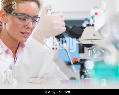 DNA Research, Scientist pipetting a DNA sample into a tube ready for automated analysis in the laboratory Stock Photo