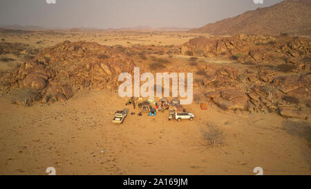 Aerial view of expedition of 4x4 cars, Camp in the Iona National Park, Angola, Africa Stock Photo