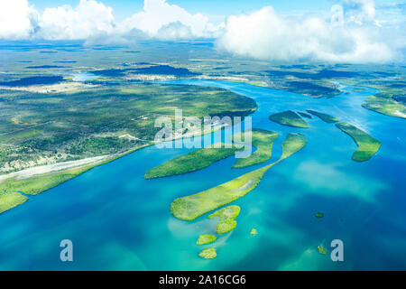 Aerial view of Gregory Islands and Isis river reaching the sea near Hervey Bay, Queensland, Australia Stock Photo