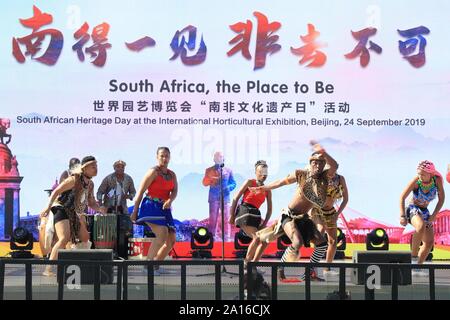 (190924) -- BEIJING, Sept. 24, 2019 (Xinhua) -- Artists perform during the 'South African Heritage Day' event of the Beijing International Horticultural Exhibition in Beijing, capital of China, Sept. 24, 2019. The expo held its 'South African Heritage Day' event on Tuesday. (Photo by Duan Xuefeng/Xinhua) Stock Photo