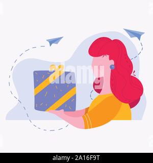 Woman with Big Gift Box Flat Vector Illustration. Stock Vector