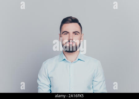 Close up studio photo portrait of attractive virile focused thou Stock Photo