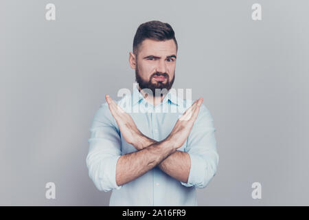Oh no Close up studio photo portrait of sad upset unsatisfied h Stock Photo