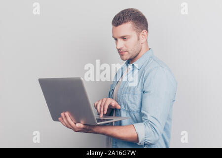 Photo of good-wearing good-looking nice man stand half turn isol Stock Photo