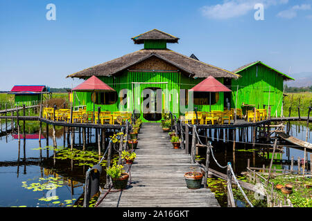 A Colourful Cafe/Restaurant, Minethauk Bridge, Lake Inle, Shan State, Myanmar. Stock Photo