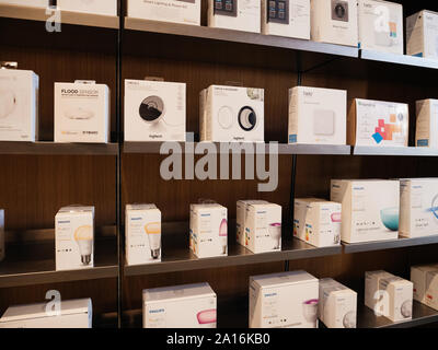 Paris, France - Sep 20, 2019: Apple store selling multiple home gadget connected to HomeKit Stock Photo