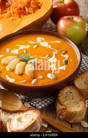 apples pumpkin puree soup served with toasted bread closeup on the table. vertical Stock Photo