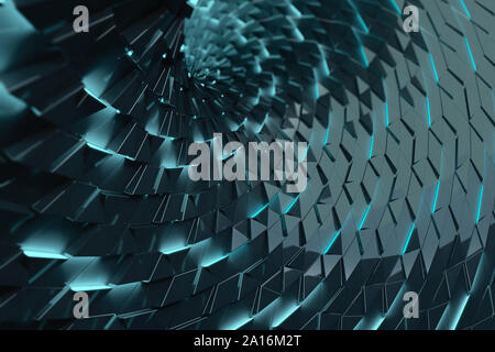 3D Illustration Rendering. Abstract Concept Tech wallpaper with 3D elements with led light rising. Depht of field, Bokeh, glass reflections, futuristi. Stock Photo