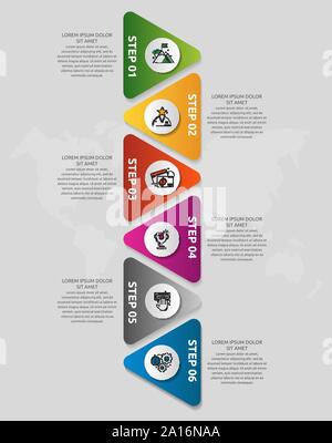 Vector infographic template with triangles and six circles. Business geometric concept with 6 options, parts, steps. Used as timeline, workflow Stock Vector