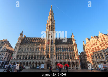 Brussels, Belgium - 21.01.2019: Grand Place (Grote Markt) with Town Hall (Hotel de Ville) and Maison du Roi (King's House or Breadhouse) in Brussels.