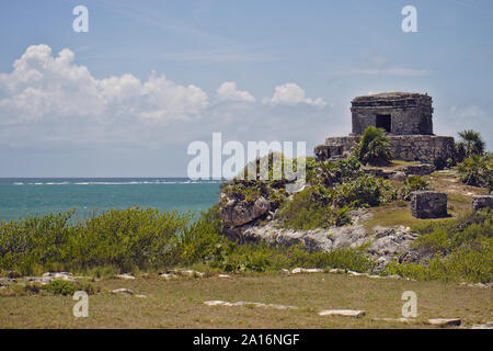 Mayan stone ruins with ocean in Tulum Mexico. Stock Photo