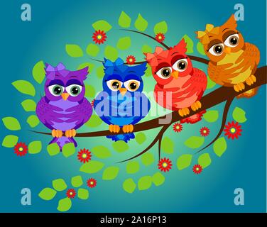 Cute multi-colored owls on a flowering branch of a tree. Spring, summer, postcard, holiday Stock Vector