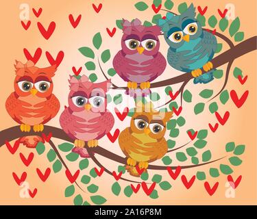 Cute multi-colored owls on a flowering branch of a tree. Spring, summer, postcard, holiday Stock Vector
