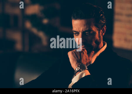 Half turn serious ambition focused calm stubble billionaire pers Stock Photo